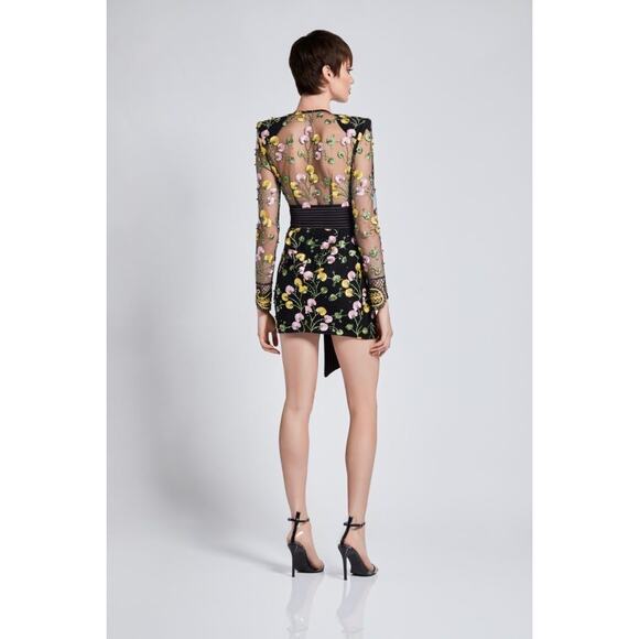 Zhivago In The Garden Floral Mesh Wrap Mini Dress black pink yellow size US 2 - Picture 3 of 15